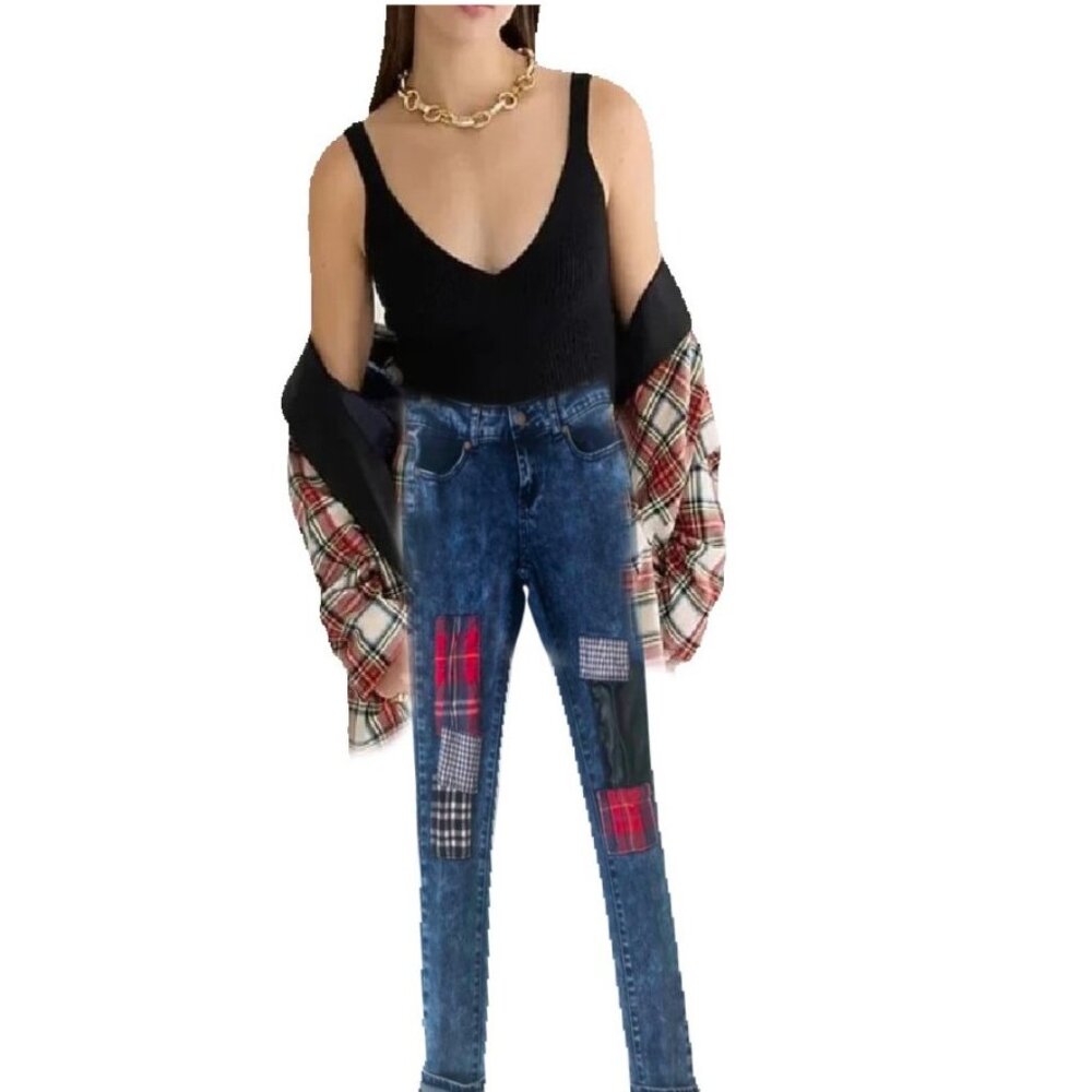 BAMBOO Colorful Patches Stretchy Slim Blue Jeans Girl or Boy Size 5-6
